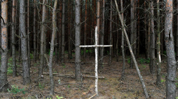 Brzozowy krzyż na skraju lasu przy tzw. trupim polu w rejonie wsi Ostrówki na Ukrainie. 2011 r. Fot. PAP/D. Delmanowicz