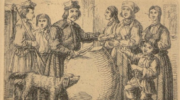 Chłopi podkrakowscy dzielący chleb. Grafika Kajetana Kielsińskiego z około 1840 r. Źródło: Polona.