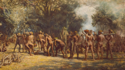 Uczta kanibali na Vanuatu. Obraz Charlesa E. Gordona Frazera, około 1885 r. Źródło: Wikipedia.