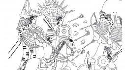 Strona z XVI-wiecznego dokumentu Lienzo de Tlaxcala, przedstawiająca podbój państw Majów na wyżynach Gwatemali przez hiszpańskich konkwistadorów i ich indiańskich sojuszników ze środkowego Meksyku - Tlaxcalan. /Źródło: Wikipedia