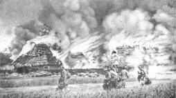Płonąca wieś Żurawica pod Przemyślem w maju 1915 r. Źródło: Narodowe Archiwum Cyfrowe. 