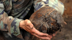 Archeolog trzyma ludzką czaszkę wydobytą ze zbiorowej mogiły na tzw. trupim polu w rejonie wsi Ostrówki w obwodzie wołyńskim na Ukrainie. Specjaliści z Rady Ochrony Pamięci Walk i Męczeństwa prowadzili tam kolejny etap poszukiwań szczątków około 300 Polaków, którzy w 1943 roku zginęli z rąk UPA, 2011 r. PAP/Darek Delmanowicz 