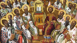 Sobór nicejski. Ikona Michaela Damaskenosa z XVI wieku. Wykonana dla klasztoru Wrontisi na Krecie. Przechowywana w muzeum w Heraklionie /Źródło: Wikipedia