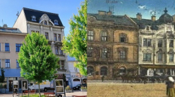 Na zdjęciu po lewej - kamienica obecnie (środkowa), po prawej - w przeszłości. Fot. Jacek Kachel/WP UM Bielsko-Biała