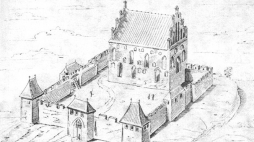 Rekonstrukcja XV-wiecznego zamku autorstwa Conrada Steinbrechta z błędnie zaznaczonym miejscem wjazdu na zamek. Źródło: Wikipedia