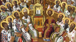 Sobór nicejski. Ikona Michaela Damaskenosa z XVI wieku. Wykonana dla klasztoru Wrontisi na Krecie. Przechowywana w muzeum w Heraklionie. Źródło: Wikipedia