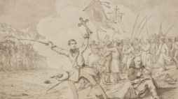 Edward Dembowski na czele procesji z 27 lutego 1846 na akwaforcie Józefa Bohdana Dziekońskiego. Źródło: Józef Bohdan Dziekoński, Public domain, via Wikimedia Commons