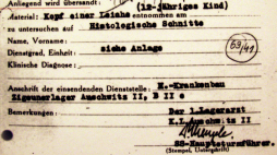 Dokument z niemieckiego obozu zagłady Auschwitz II Birkenau z podpisem Mengelego. Fot. PAP/EPA/Gyula Czimbal