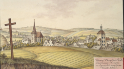 Jílové pod Pragą w 1821 r., rysunek Johanna Venuta. Źródło: Joann Venuto (1746-1833), Public domain, via Wikimedia Commons