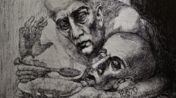 Rysunek Mariana Kołodzieja przedstawiający o. Maksymiliana Kolbe pt. "Kolbe ratuje" w Muzeum II Wojny Światowej w Gdańsku. Fot. PAP/Adam Warżawa