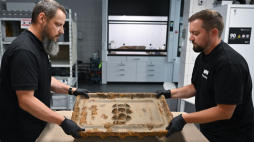 Kustosz w dziale archeologii MIIWŚ Piotr Kalka (L) oraz zastępca kierownika działu archeologii MIIWŚ Adam Dziewanowski (P) podczas prezentacji podstawy polskiego moździerza kal. 81 mm wz. 31 w Muzeum II Wojny Światowej w Gdańsku. Fot. PAP/Adam Warżawa