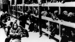 Więźniowie obozu w baraku na pryczach (1945). Fot. PAP/CAF