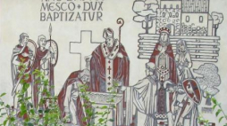 Mieszko bierze chrzest - fresk na ścianie rezydencji biskupów pomocniczych  w Gnieźnie. Źródło: Wikimedia Commons