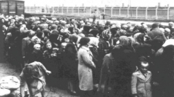 Żydowskie kobiety i dzieci oczekujące na selekcję na rampie w Birkenau. 1944 r. Fot. Państwowe Muzeum Auschwitz-Birkenau