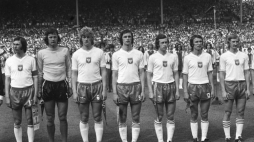Mundial 1974 - od lewej Kazimierz Deyna, Jan Tomaszewski, Jerzy Gorgoń, Władysław Żmuda, Antoni Szymanowski, Henryk Kasperczak, Andrzej Szarmach. Fot. PAP/CAF/S. Jakubowski