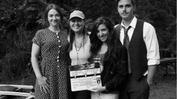 Na planie filmu "Ojcu". Od lewej - Olesja Achtemijczyk, Liliana Komorowska, Diana Skaya i Antoni Porowski.Źródło: MSZ 