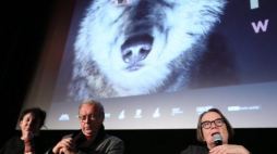 Od lewej: Olga Tokarczuk, Krzysztof Zanussi i Agnieszka Holland w trakcie spotkania po pokazie prasowym filmu "Pokot". Fot. PAP/L. Szymański 