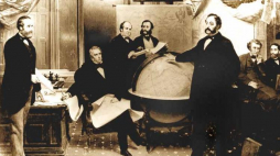 Podpisanie umowy o odstąpieniu Alaski. Od lewej: R. Robert S. Chew, Sekretarz Stanu (USA), William H. Seward, William Hunter, Bodisco, Rosyjski ambasador baron de Stoeckl, Charles Sumner, Fredrick W. Seward. Źródło: Alaska Library Fot. Emanuel Leutze