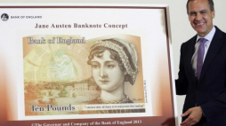 Gubernator BoE Mark Carney podczas prezentacji banknotu z Jane Austen. 2013 r. Fot. PAP/EPA