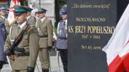 Obchody 70. rocznicy urodzin kapelana NSZZ "Solidarność", błogosławionego ks. Jerzego Popiełuszki przed pomnikiem bł. ks. Jerzego Popiełuszki w Suchowoli. Fot. PAP/A. Reszko