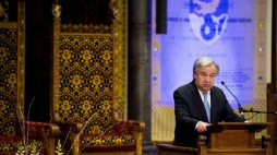 Sekretarz generalny ONZ Antonio Guterres podczas ceremonii zamknięcia Międzynarodowego Trybunału Karnego dla byłej Jugosławii (ICTY) w Hadze. 21.12.2017. Fot. PAP/EPA