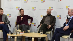 Spotkanie „Dwie wizje – wspólna droga: Daszyński i Wojciechowski” w MHP. Na zdjęciu od lewej: dr K. Piskała, dr M. Mirowski, dr J. Łazor, prof. W. Suleja. Fot. MHP/E. Lichocka, W. Paduch