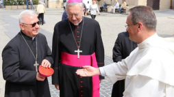  Sekretarz generalny KEP bp Artur Miziński, przewodniczący KEP abp Stanisław Gądecki i generał Zakonu Świętego Pawła Pierwszego Pustelnika o. Arnold Chrapkowski przed otwarciem wystawy "Tu zawsze byliśmy wolni. Jasnej Góry droga do niepodległości 1882-1918", w Arsenale klasztoru na Jasnej Górze. Fot. PAP/W. Deska
