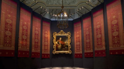 Wystawa tkanin tureckich i portretu Jana III w Wielkiej Sieni; w górze widczony fragment dekoracji pomieszczenia z czasow Jana III. Fot. W. Holnicki, źródło:  Muzeum Pałacu Króla Jana III w Wilanowie