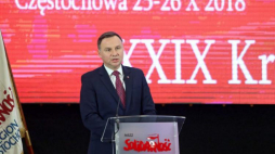 Prezydent Andrzej Duda przemawia podczas XXIX Krajowego Zjazdu Delegatów NSZZ "Solidarność" w Częstochowie.  PAP/W. Deska