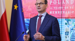 Bruksela, Belgia, 16.05.2019. Premier Mateusz Morawiecki przemawia podczas konferencji 'Poland: 15 Years of EU Membership. Political, economic and social dimensions' w Brukseli, 16 bm. Fot. PAP/P. Supernak