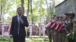 Warszawa, 31.07.2019. Prezydent RP Andrzej Duda podczas uroczystości pogrzebowych kpt. Ryszarda Białousa ps. Jerzy. Fot. PAP/M. Obara