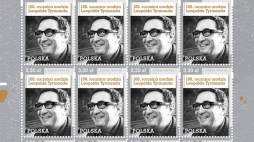 Arkusz znaczków Poczty Polskiej upamiętniających 100. rocznicę urodzin Leopolda Tyrmanda