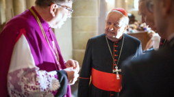 Płock, 21.06.2020. Uroczystości z okazji 100. rocznicy urodzin papieża św. Jana Pawła II - kardynał Stanisław Dziwisz (C) podczas poświęcenia mozaiki papieskiej na Domu Biskupów Płockich, 21 bm. Fot. PAP/Sz. Łabiński