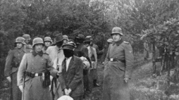 Polscy więźniowie z zawiązanymi oczyma przed egzekucją dokonaną przez Niemców w Palmirach. 1940 r. Źródło: Wikimedia Commons