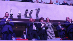 Premier Mateusz Morawiecki (L), wicepremier, minister kultury i dziedzictwa narodowego Piotr Gliński (P), minister finansów Tadeusz Kościński (2L) i marszałek Sejmu Elżbieta Witek (3L) podczas widowiska multimedialnego „1920. Wdzięczni Bohaterom” na PGE Narodowym. Warszawa, 15.08.2020.  Fot. PAP/L. Szymański