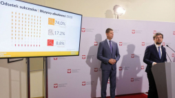 Warszawa, 11.08.2020. Minister edukacji narodowej Dariusz Piontkowski (L) oraz dyrektor Centralnej Komisji Egzaminacyjnej Marcin Smolik (P) uczestniczą w siedzibie MEN w Warszawie w konferencji prasowej nt. wyników tegorocznej matury. Fot. PAP/P. Supernak