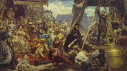 Obraz Jana Matejki „Zawieszenie dzwonu Zygmunta na wieży katedry w roku 1521 w Krakowie”. Fot. PAP/Reprodukcja/J. Morek, J. Rosikoń