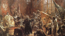 Hołd cara Wasyla Szujskiego przed Zygmuntem III Wazą w 1611 r. - obraz Jana Matejki (XIX w.). Źródło: Wikimedia Commons