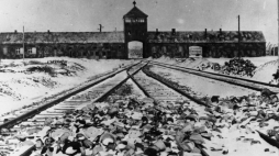 Tory kolejowe, wartownia i brama główna Auschwitz II (Birkenau), widok z rampy wewnątrz obozu, 1945 r. Źródło: Bundesarchiv