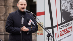 Prezes Instytutu Pamięci Narodowej Karol Nawrocki podczas prezentacji wystawy "Gospodarka III Rzeszy". PAP/P. Matusewicz