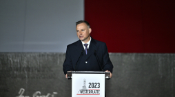 Gdańsk, 01.09.2023. Prezydent RP Andrzej Duda podczas uroczystości przed Pomnikiem Obrońców Wybrzeża na Westerplatte w Gdańsku, 1 bm. Trwają obchody 84. rocznicy wybuchu II wojny światowej. Fot. PAP/M. Gadomski