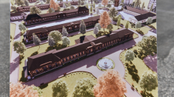 Wizualizacja Centrum Prawdy i Pojednania - Muzeum Ofiar Rzezi Wołyńskiej im. Prezydenta Lecha Kaczyńskiego w Chełmie zaprezentowana na konferencji prasowej 11 lipca 2023 r. Fot. PAP/W. Jargiło 