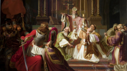 Biskup Stanisław Szczepanowski rzucający klątwę na króla Bolesława Śmiałego, obraz Juliusza Knoora z ok. 1840 roku. Źródło: zbiory cyfrowe Muzeum Narodowego w Krakowie.