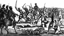 Rzeź polskich jeńców pod Batohem, rycina z dzieła Hioba Ludolfa „Allgemeine Schau-Bühne oder Welt", t. 3., Franckfurt am Mayn 1713. Źródło: Polona