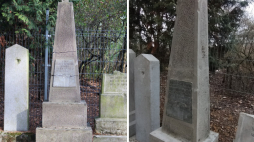 Obelisk z lapidarium na warszawskiej Białołęce przed i po konserwacji, fot. Stołeczny Konserwator Zabytków