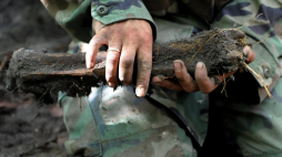Archeolog wydobywa ze zbiorowej mogiły ludzkie kości znalezione na tzw. trupim polu w rejonie wsi Ostrówki na Ukrainie. Specjaliści z Rady Ochrony Pamięci Walk i Męczeństwa rozpoczęli tam kolejny etap poszukiwań szczątków około 300 Polaków, którzy w 1943 roku zginęli z rąk UPA, 2011 r. PAP/Darek Delmanowicz