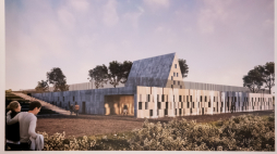 Wizualizacja siedziby Muzeum bł. ks. Jerzego Popiełuszki prezentowana w 2022 r. podczas podpisania porozumienia między Fundacją „Dobro” a Muzeum Podlaskim w Białymstoku. Fot. PAP/Michał Zieliński