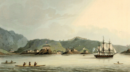 Rosyjskie osiedle Portu Świętego Pawła na Alasce, dzisiejsze miasto Kodiak, wyspa Kodiak, 1814. Źródło: en.wikipedia. 