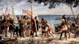 „Pierwszy hołd dla Kolumba” autorstwa Garnelo (1892, olej na płótnie)