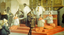 Książę Albrecht w katedrze w Królewcu przyjmuje po raz pierwszy komunię według protestanckiego rytu, akwarela Ludwiga Rosenfeldera z 1852 r. /Źródło: de.wikipedia